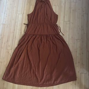 Satin high neck midi dress rust brown